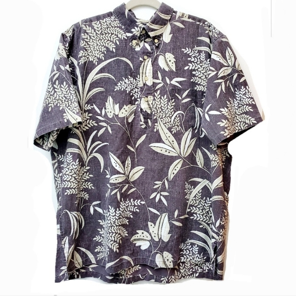 Vintage Reyn Spooner Hawaiian Pop Over Shirt Tropical Print Tan Cream Size XL